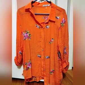 Figueroa & Flower Embroidered Button‑Front Blouse – Size L